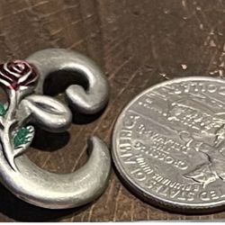 Vintage Pewter Razza Inital E Brooch Pin Rose 1" X .75"