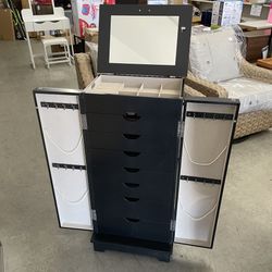 Hives & Honey Port Elegant Charcoal Jewelry Armoire: Freestanding, Lockable Wooden Cabinet for Women