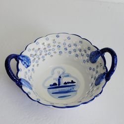 Vintage Delft Open Weave Blue and White Windmill Double Handled Porcelain Bowl