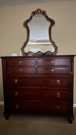 Ethan Allen Cherry Wood Tall Dresser with Brass Ring Pulls
