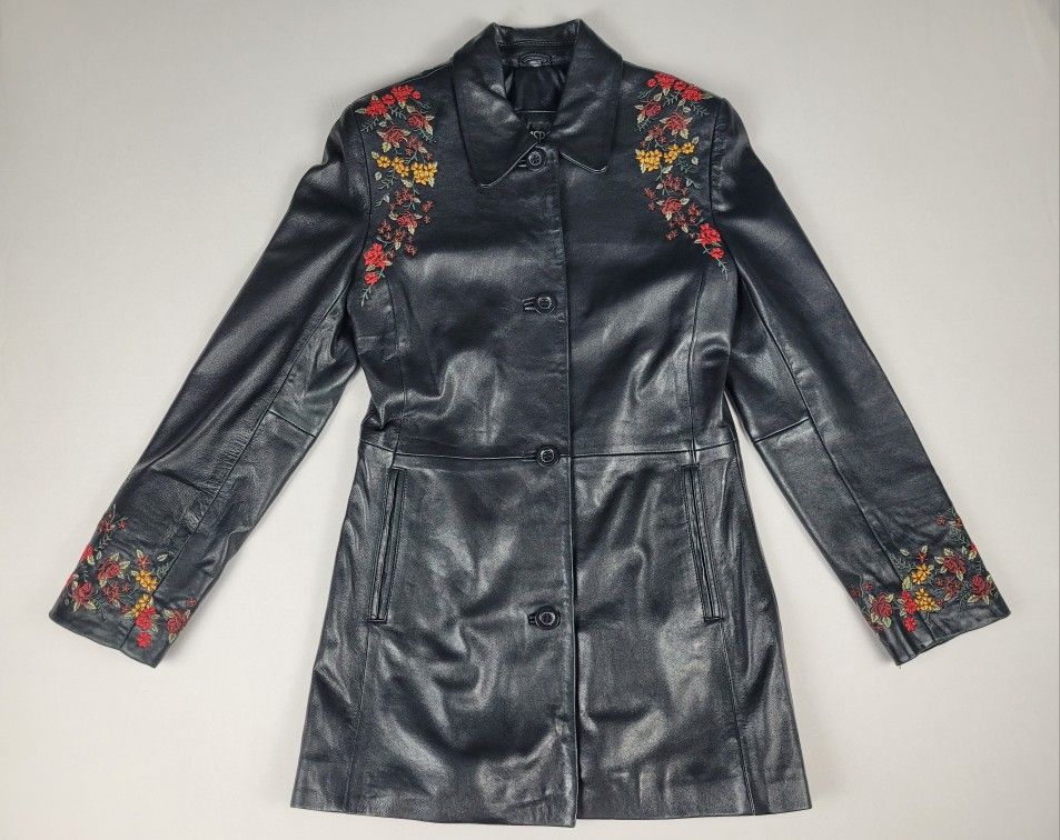 Kasper Women's Soft Leather Jacket Black Embroidered Roses Flowers Size Small