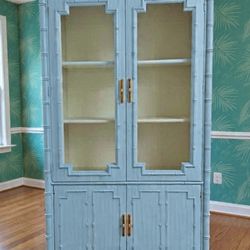 Vintage faux bamboo Thomasville allegro lighted hutch curio cabinet
