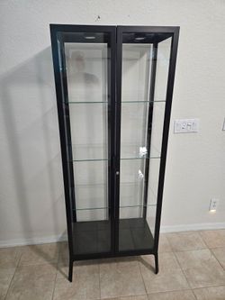 Curio Glass cabinet IKEA Milsbo locking collectible case display Hutch Metal Black Shelving keys