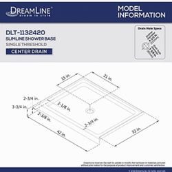 New DreamLine Slimline shower base, 42” x 32” with center drain. Never installed. It has minor cosmetic damage on two corners from shipping (see photo