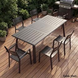 Z373+c374-82.7-Inch Black Aluminum Rectangular Outdoor Patio Dining Table (with Umbrella Hole) and 6 Matching Black Aluminum Chairs