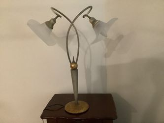Tall Lamp,  Heavy Beautiful Sturdy  Metal,  Finish Is Rubbed With Gold & Silver Trims Tall Base 2 Glass Shades Perfect  Condition 1980’s 