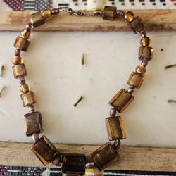 Amber and Gold Glass Bead Necklace