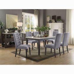 -Marble Dining Table + 6 Grey Dining Chairs-