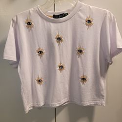 Brand New BALBOA Eye Printed Crop T-Shirt Ecru with embroidery and bead details. Size Large