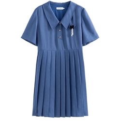 DUSHU Women Summer Modified POLO Pleated Single Breasted Knee-Length Dresses