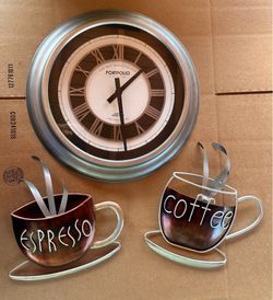 PORTFOLIO Clock with Expresso & Coffee metal wall decor
