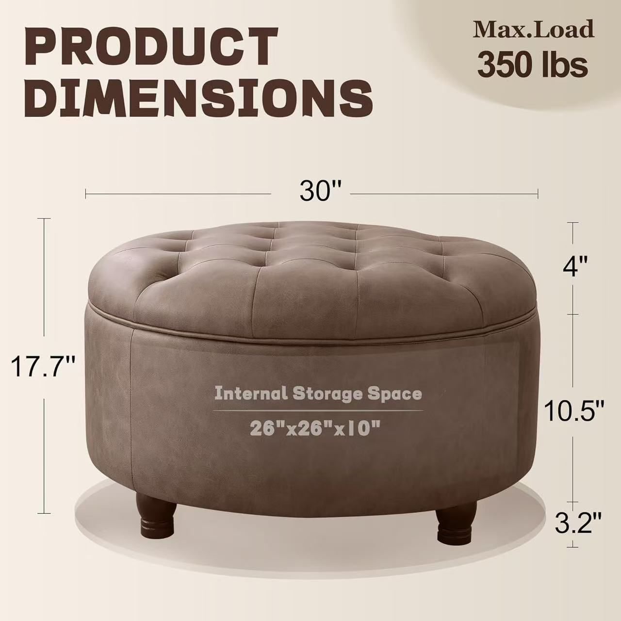 🥨30-Inch Round Storage Ottoman, Button Tufted Ottoman Coffee Table with Removable Top for Living Room, Bedroom, Office (Brown)