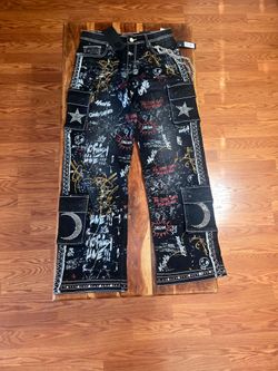 Elite Premium Denim Men's Black Graffiti Print Relaxed Jeans. 30x32