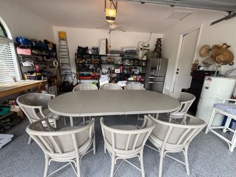 Lacquered Dining Table & 8 Cane Barrel Chairs