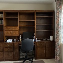 Solid Wood Computer Desk and Bookshelves 