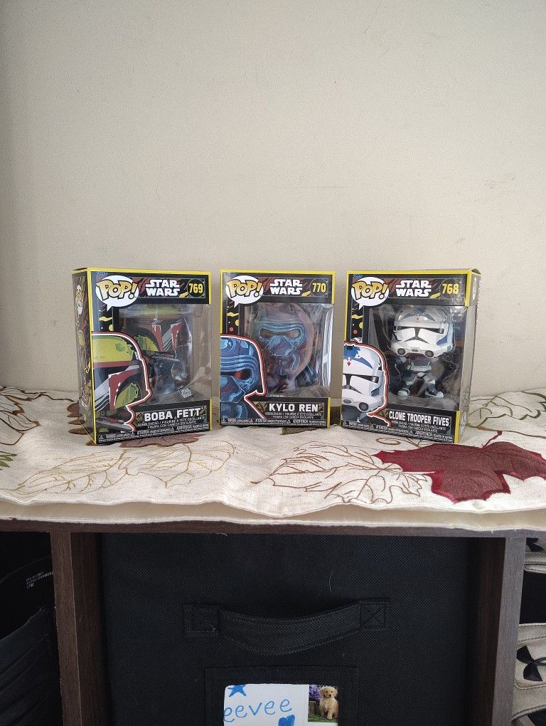 Three Pack Star Wars Pop Figurines Number 768 769 And 770 Clone Trooper 5 Boba Fett And Kylo Ren