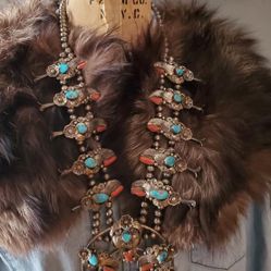Turquoise & Coral Squash Blossom Necklace