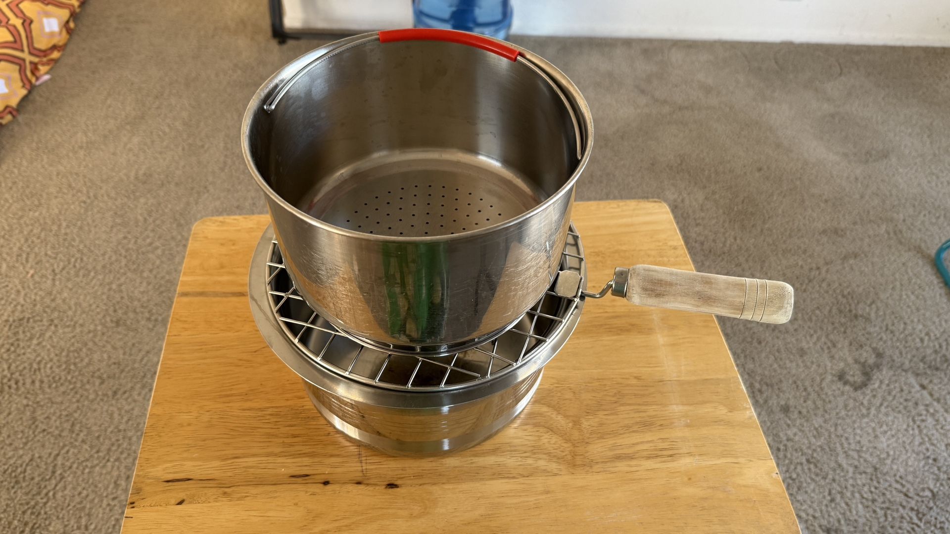 Rice maker -starch strainer with steamer & wire grill roaster with lid - heavy base