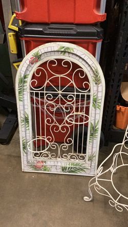 Vintage mosaic wood arch wallplanter and chair 32 x18 3/4 inch wall planter chair size21 inch tall x12