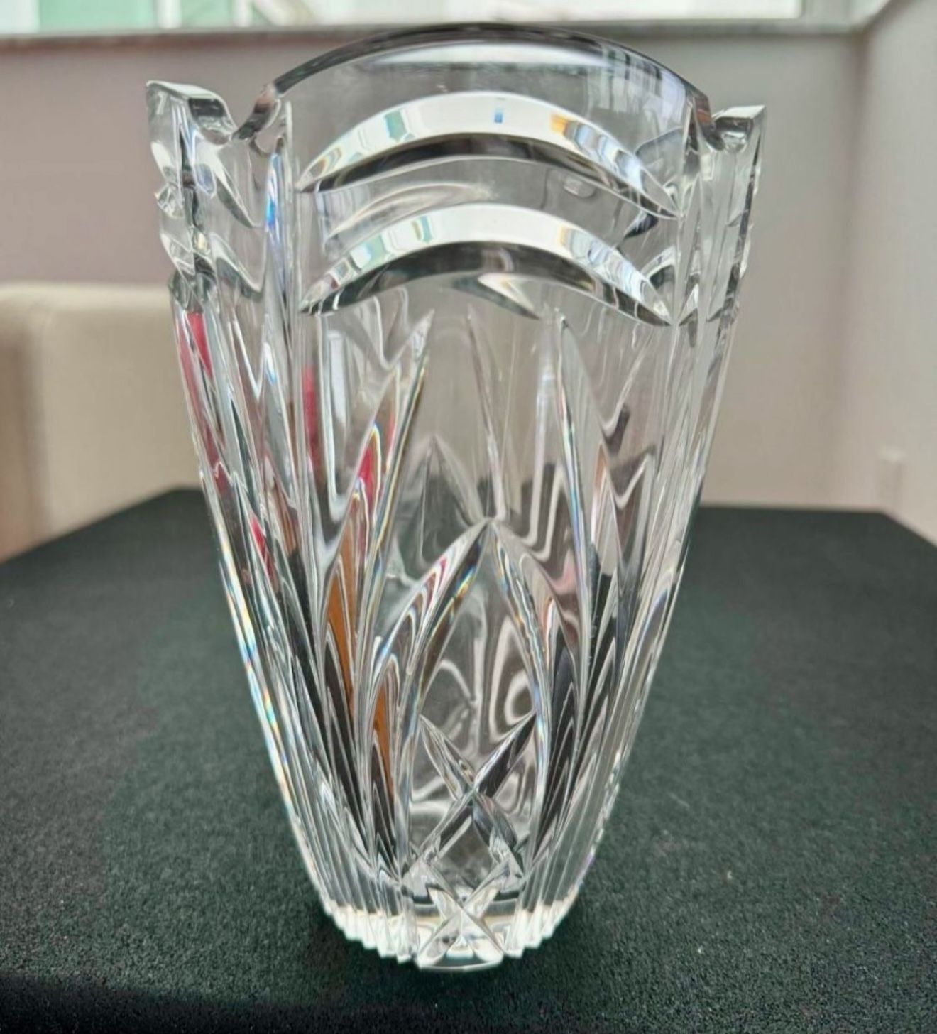 Vintage 8” tall Crystal glass vase decor  In great condition  4 pounds in weight