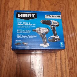 Hart 20V 1/2" Drill, 1/4" Hex Impact Driver, Battery, Charger Combo