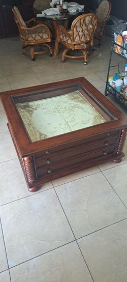 Old World Map Coffee Table — Glass Top, Storage Drawers – OBO
