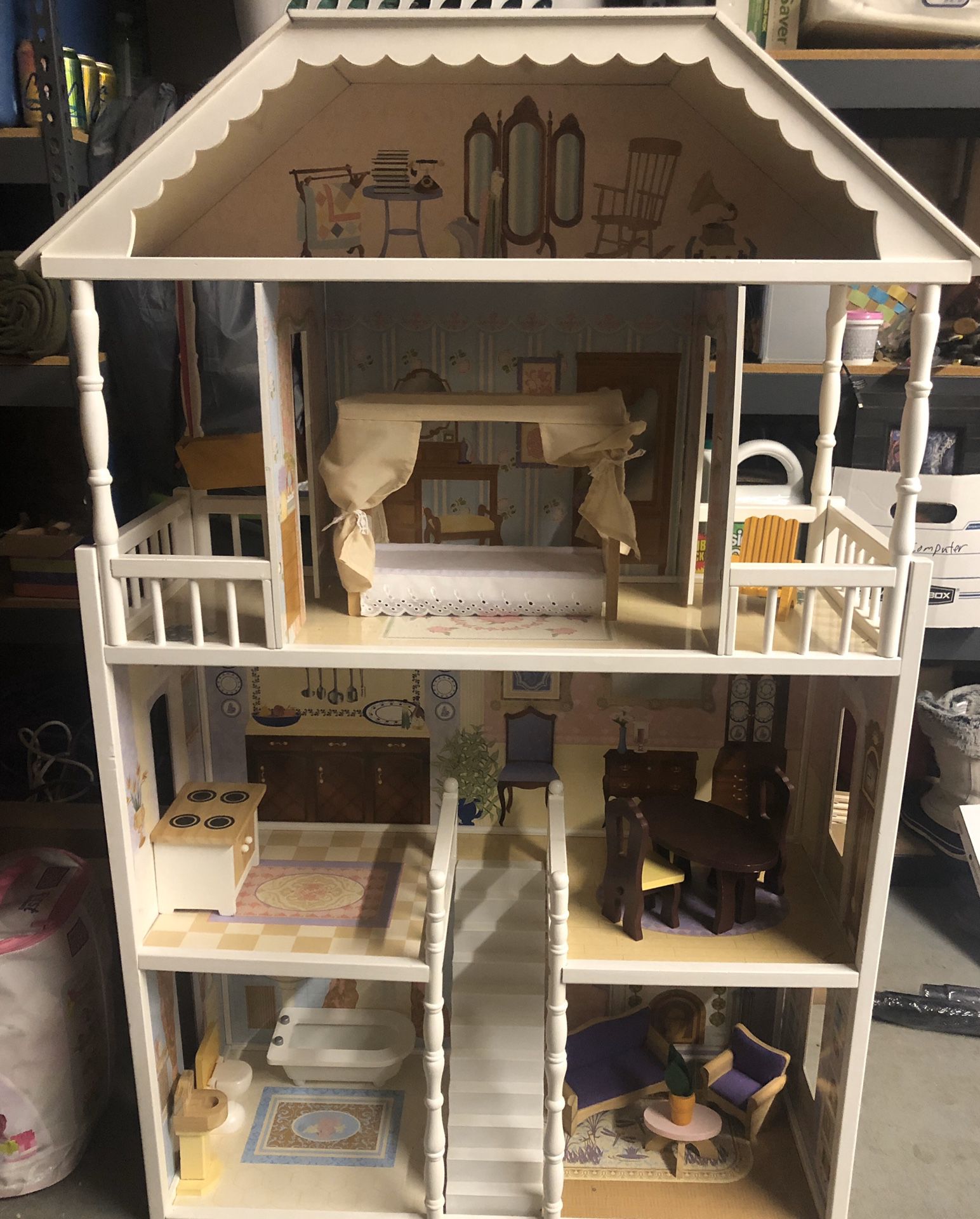 Wood doll house with accessories