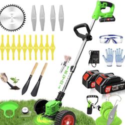 Electric Weed Wacker Eater Cordless Battery Powered, Weed Trimmer 21V Lightweight No-String with 2 Battery Operated & Wheels, 3 in 1 Stringless Grass 