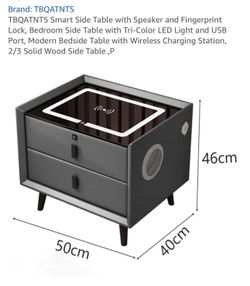 Side Table with Speaker and Fingerprint Lock, Bedroom Side Table with Tri-Color LED Light and USB Port, Modern Bedside Table with Wireless Charging St