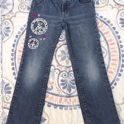 Sz 7 Girls Jeans Peace Signs In Black White Leopard Embroidered Hearts Jordache
