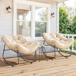 2pcs Outdoor Rocking Chairs, Oversized Papasan Rocking Chair, Beige Rocking Chairs with Padded Cushions, Rattan Wicker Lounge Chair for Living Room, P