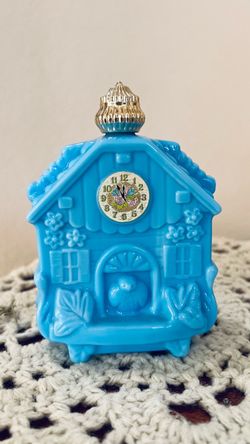 1970s AVON Charisma Cologne Cuckoo Clock Baby Blue Glass House