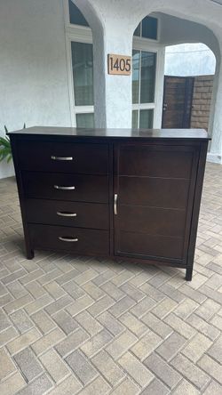 Dark Brown Wood Dresser with Drawers and Cabinet