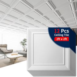 Art3dwallpanels Ceiling Tiles 24 x 24 Drop Ceiling Tiles, 12 Pack Drop in High Grade PVC Wall Panels, Fire Rated, Waterproof, Light Weight, Cover 48 S