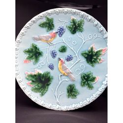 Vintage Zell Brothers Germany Majolica Birds, Fruit, Grapevines 11"