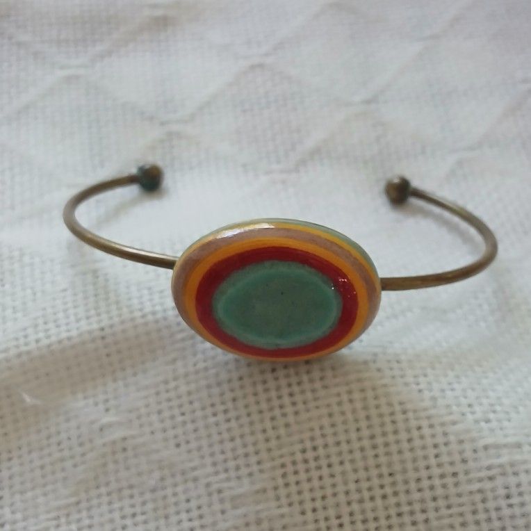 Vintage 70s Bracelet Modernist Painted Wood Space Age Galactic Planetary Saturn Rings Metal Brass Wired Bangle Cuff