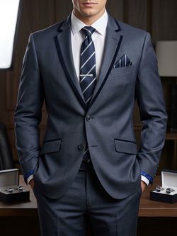 Men's Blue-Grey Two-Piece Tailored Suit with matching tie and accessories