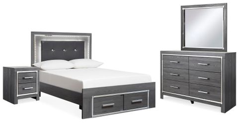 Lodanna Gray Full Storage Bed, Dresser, Mirror and 2 Nightstands