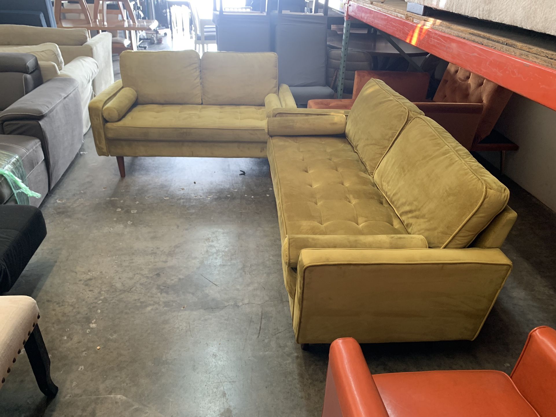 Set of 2 US Pride Furniture Mid Century Modern Velvet Sofa and Loveseat Very Clean and Good Condition