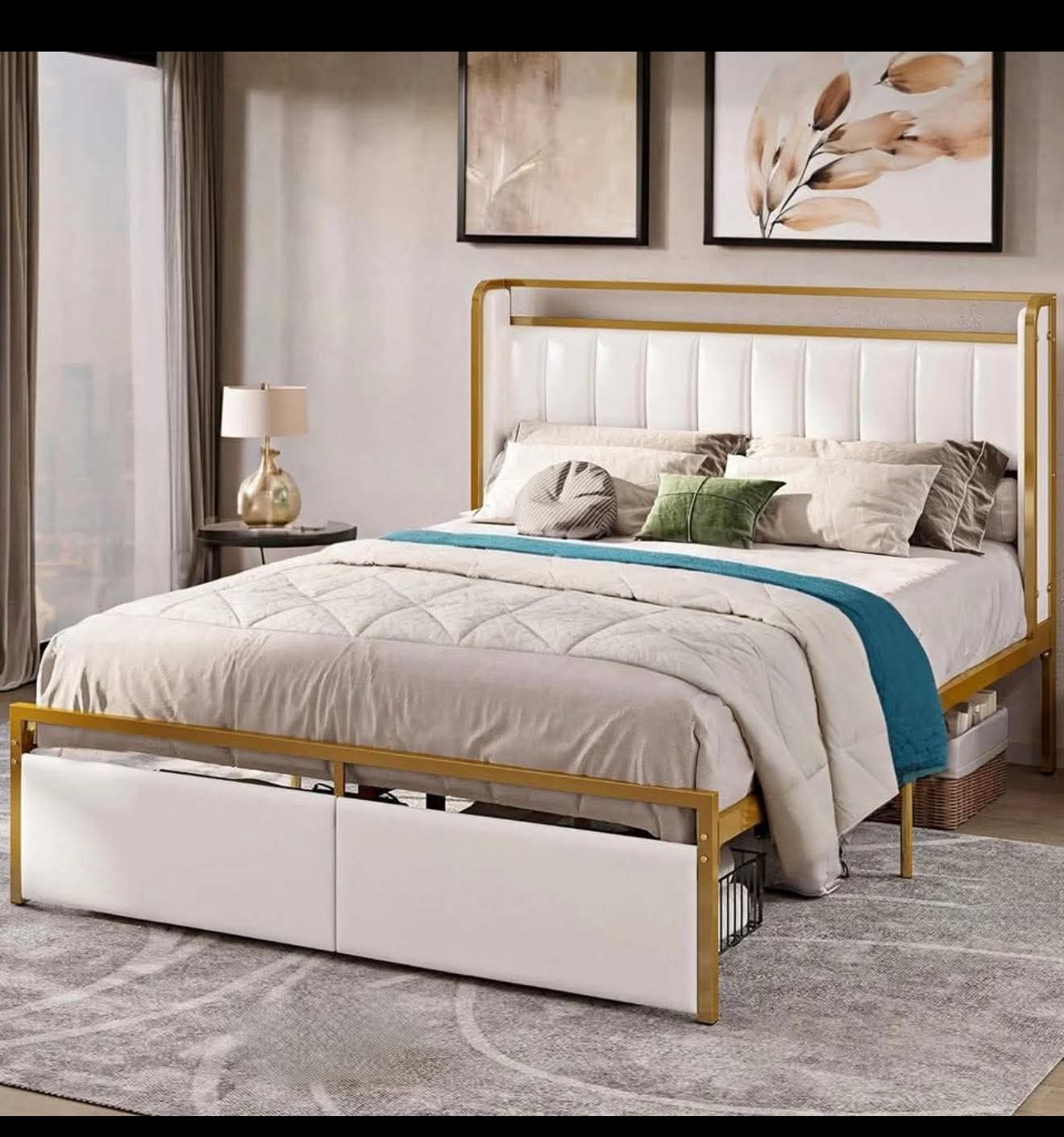 Queen  Size Bed Frame with Armrests Headboard & RGB Light, Upholstered  Modern Gold  Z-9