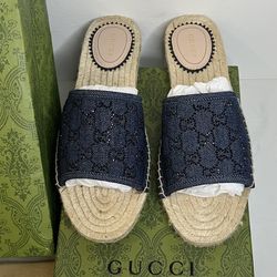 Authentic Gucci Pilar GG Denim Crystal Espadrille Sandals – Brand New