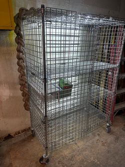 Chrome Wire Security Cage Shelving Unit on Wheels