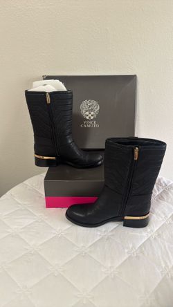 Vince Camuto Wadima leather mid boots in black featuring gold heel braces.