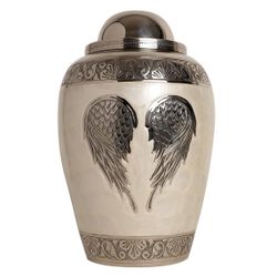 New Brass Cremation Urn – Adult Size – Wings Pearl White & Silver