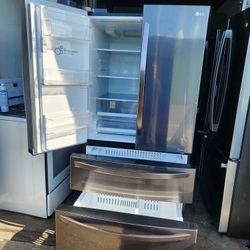 LG brand refrigerator, 36 inches wide by 68 and a half inches tall and 29 inches deep. It's in good condition. It has an ice maker and a water dispens