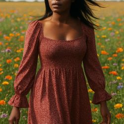 Cottagecore Milkmaid Dress – Puff Sleeve Smocked Waist Square Neckline Prairie Midi