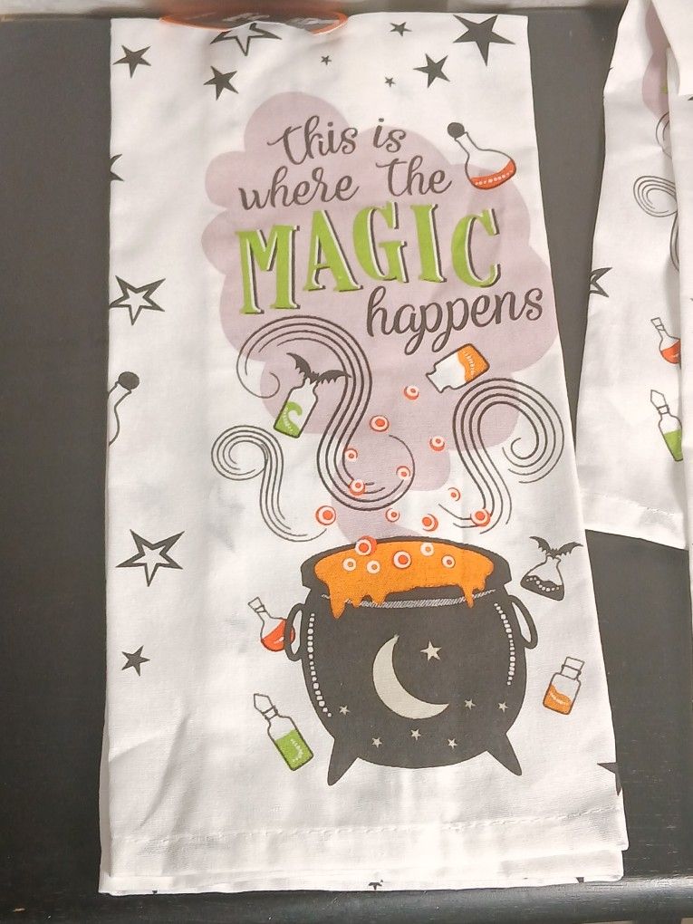 Set Of 2 New "Where the Magic Happens" Halloween Witch Kitchen Dish Towel Decor
