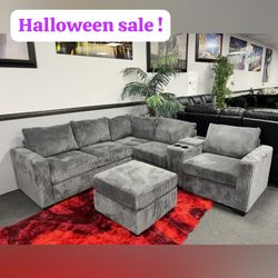 Gray Corduroy Sectional Sofa with Ottoman