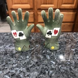 Vintage Poker  Card Players Hands Salt & Pepper Shakers Green Gloves 1950s .  Made in Japan stamped Japan on the bottom.  Preowned minor paint wear