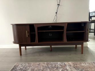 58" Mid-Century Modern TV Stand with Power Outlets - Walnut, Brand New